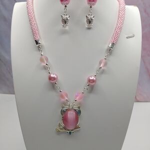New Handmade Pink Owl Pendant Necklace and Earring Set